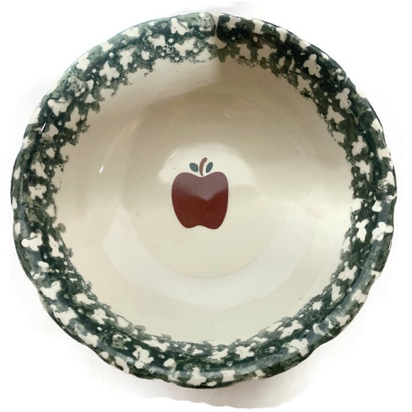 Stoneware Country Apple Serving Bowl Red Apple Design Green Spongeware 9x3.25 - Picture 3 of 5